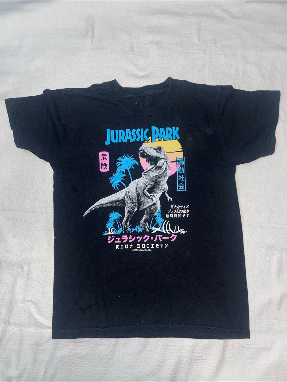 riot society Black Jurassic Park Graphic Tee with Blue, Pink and Yellow Accents